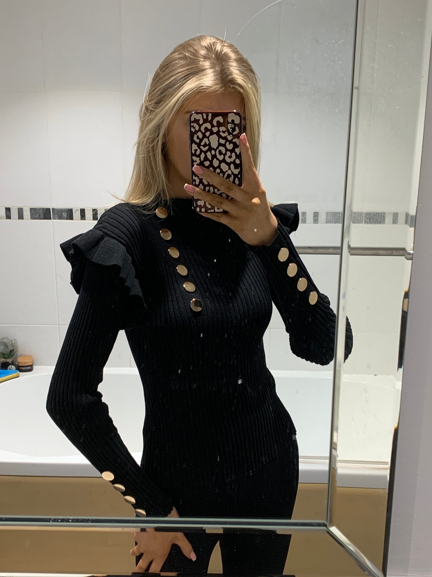 Black Ribbed Gold Button Jumper