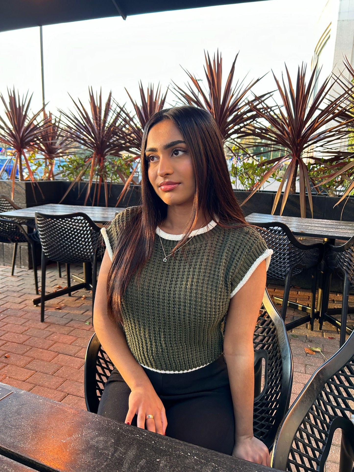 Khaki Contrast Knitted Cropped Top