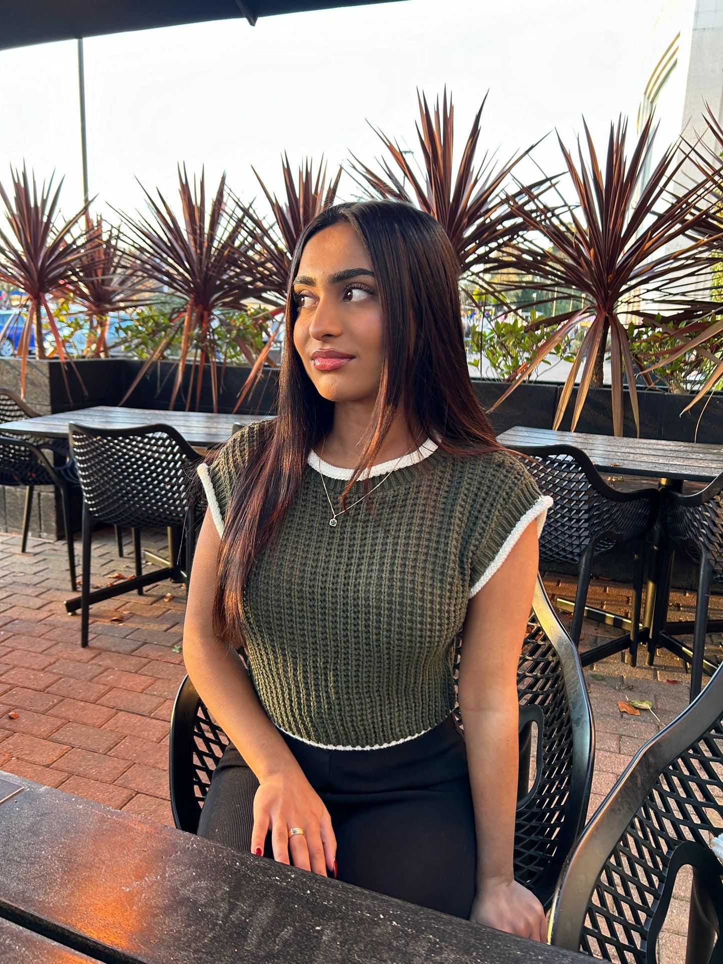 Khaki Contrast Knitted Cropped Top