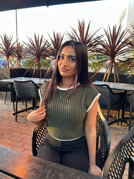 Khaki Contrast Knitted Cropped Top